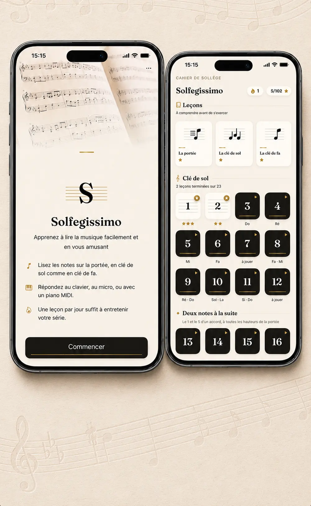 Solfegissimo sur deux iPhone : l'écran d'accueil et la grille des exercices