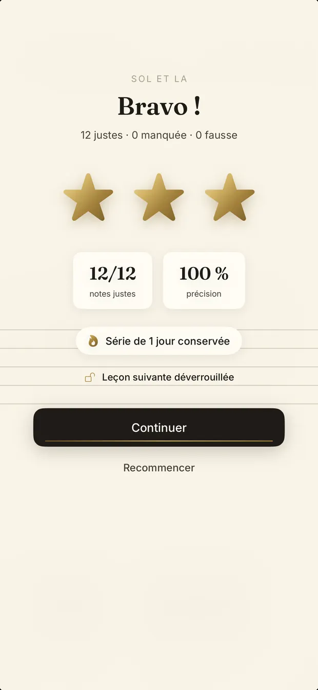 Écran de résultat avec trois étoiles