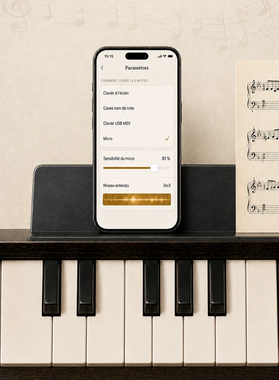 Réglage du mode d'entrée : micro, clavier USB MIDI ou écran, posé sur un piano